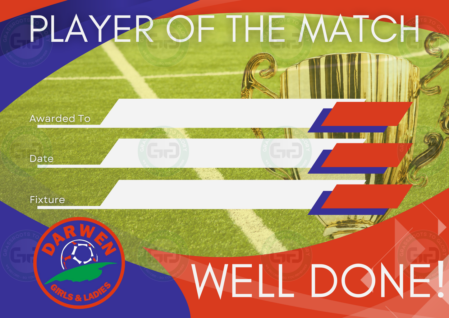 Darwen Girls and Ladies Football Club Branded A4 Player of the Match Certificate