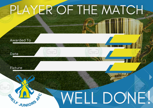 Shelf Juniors AFC Club Branded A4 Player of the Match Certificate