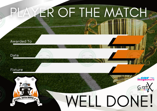 Steel City Dons Club Branded A4 Player of the Match Certificate