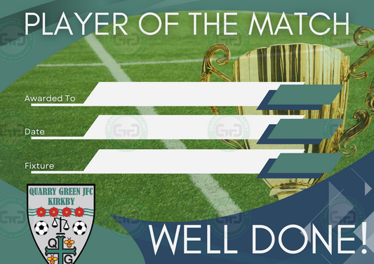 Quarry Green JFC Branded A4 Player of the Match Certificate (Copy)