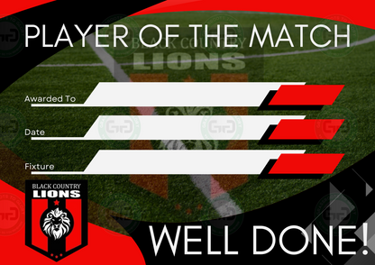 Black Country Lions Club Branded A4 Player of the Match Certificate