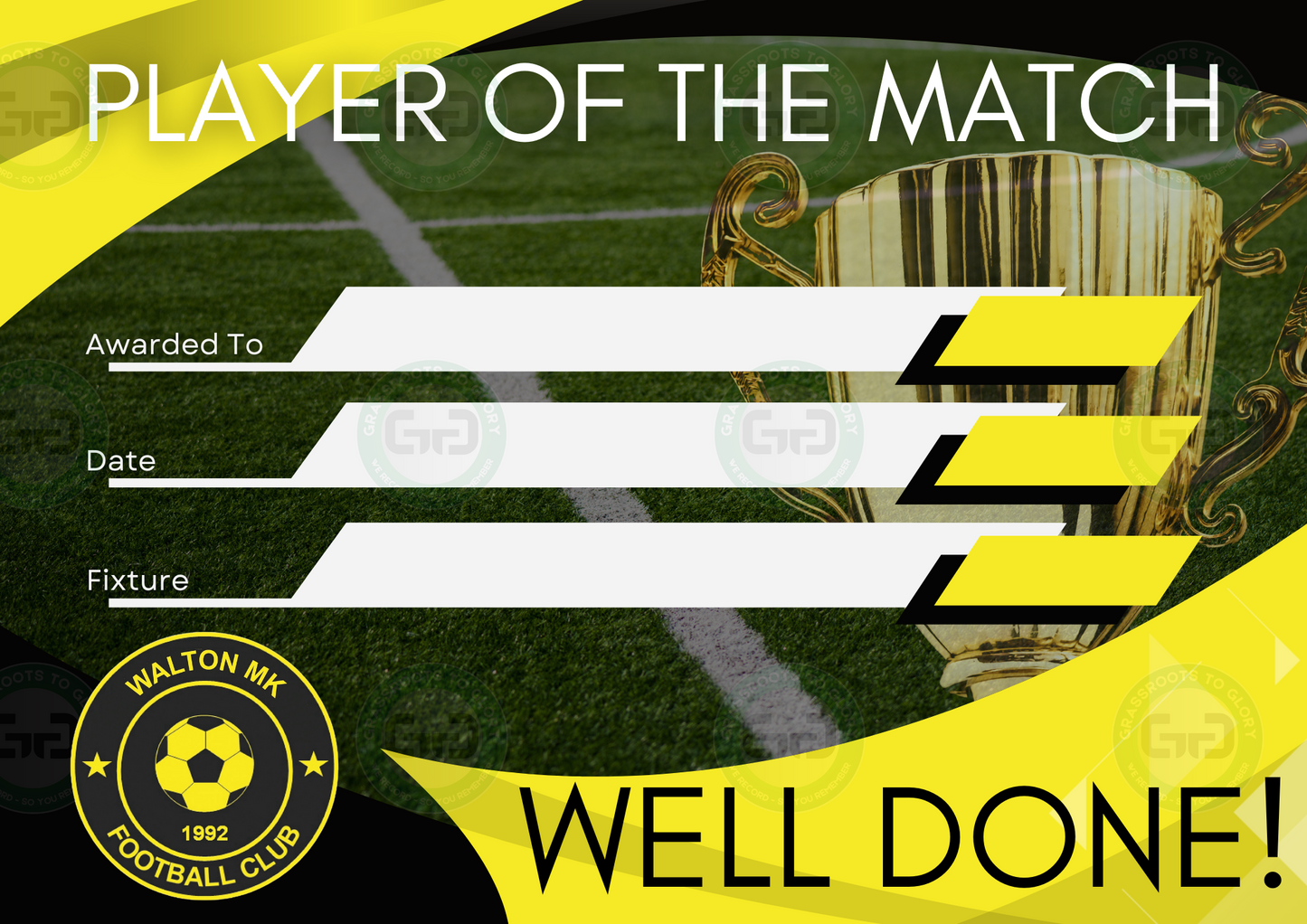 Walton MK Club Branded A4 Player of the Match Certificate