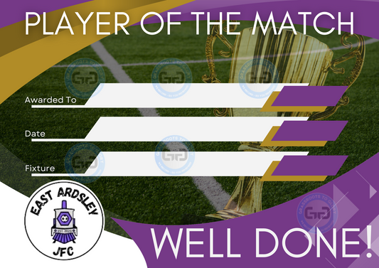 East Ardsley JFC Club Branded A5 PARENTS Player of the Match Certificate