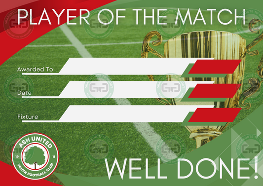 Ash United Youth Football Club Branded A5 Player of the Match Certificate