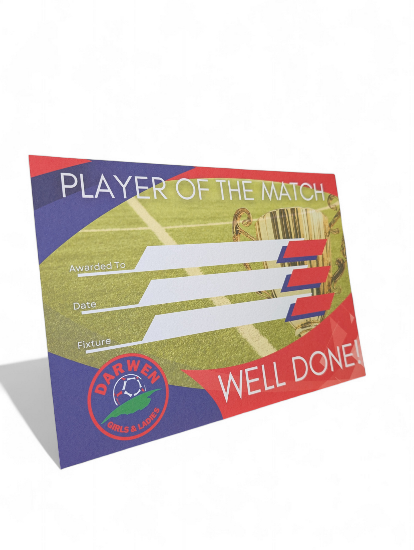 Darwen Girls and Ladies Football Club Branded A4 Player of the Match Certificate