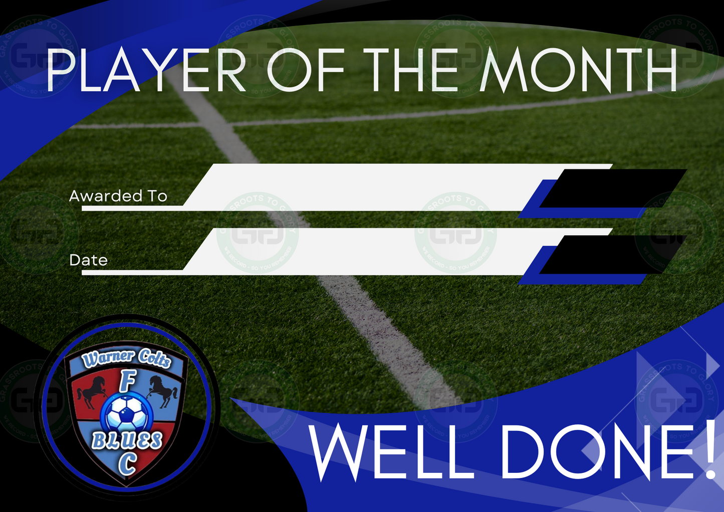 Warner Colts Blues A4 Player of the Month Certificate