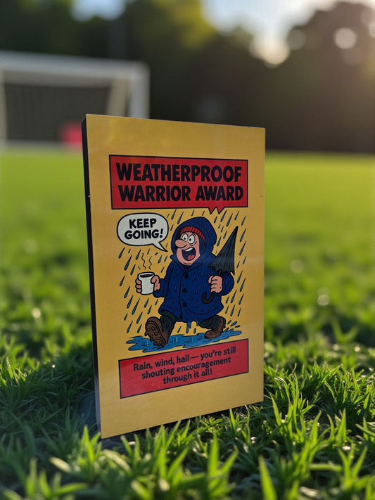 Weatherproof Warrior Award – Funny Grassroots Football Plaque